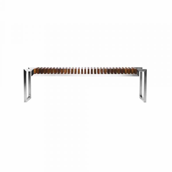 Hover bænk vist i børstet rustfri stål og Irokko lameller. 
Mål: L 146 X H 45 x B 40 cm.
Design by Kristoffer Kjær